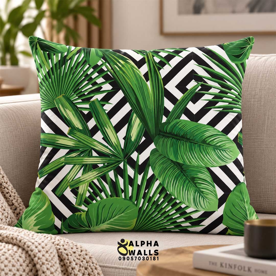  روکش کوسن مخمل طرح برگ استوایی و هندسی | Tropical Geometric 
