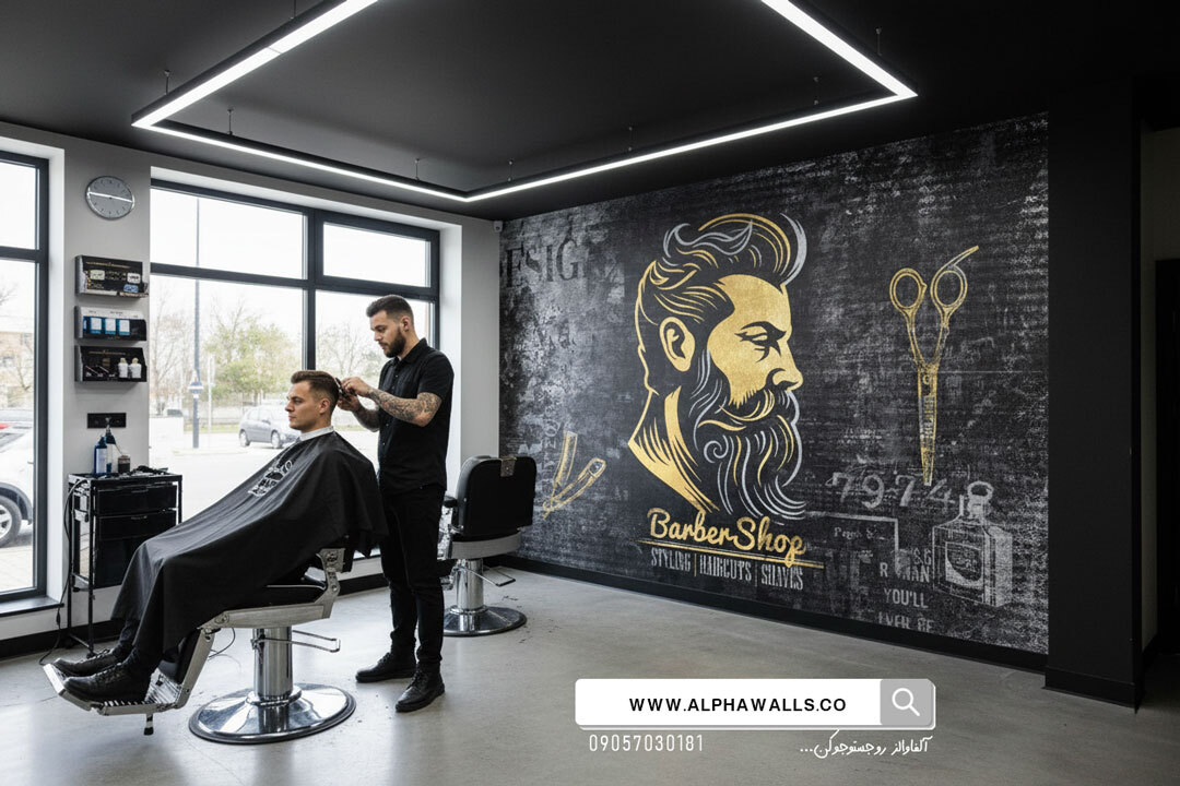  پوستر دیواری آرایشگاه مردانه طرح چهره طلایی روی زمینه مشکی صنعتیModern Barber Gold 