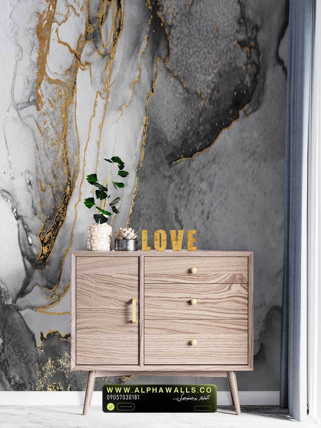  پوستر دیواری طرح سنگ مدرن طوسی دودی با رگه‌های طلایی برجسته 