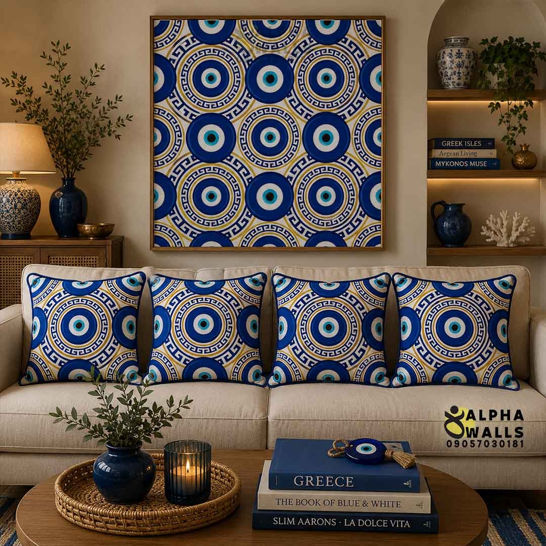  روکش کوسن مخمل طرح چشم نظر و ورساچه آبی طلایی مدل Greek Evil Eye 