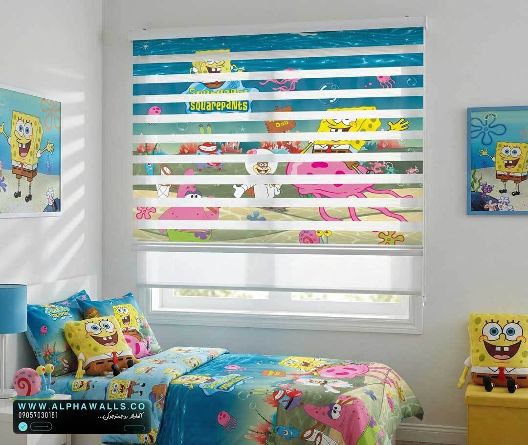  پرده زبرا اتاق کودک طرح شخصیت کارتونی باب اسفنجی با فضای شاد 