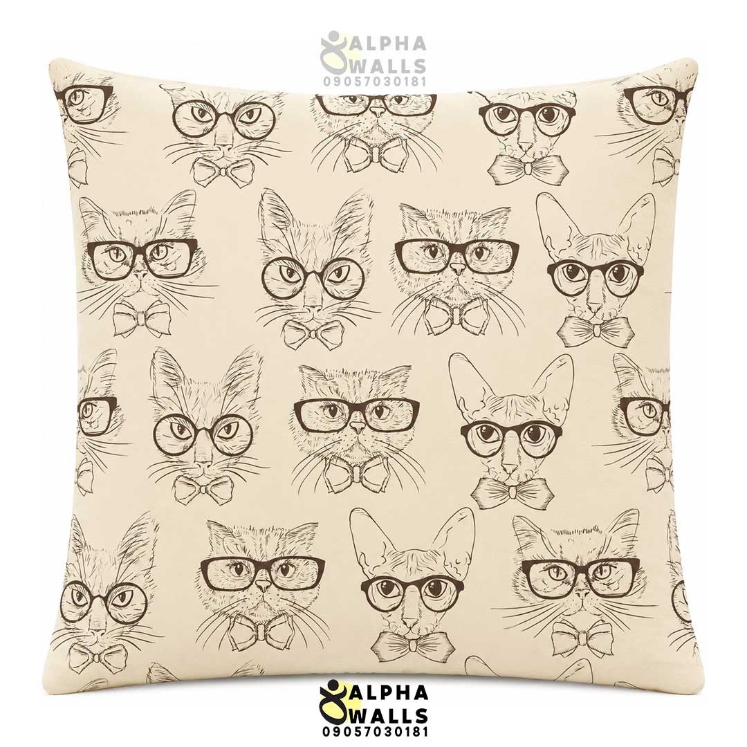 روکش کوسن مخمل طرح گربه عینکی کرم مدل Hipster Cats