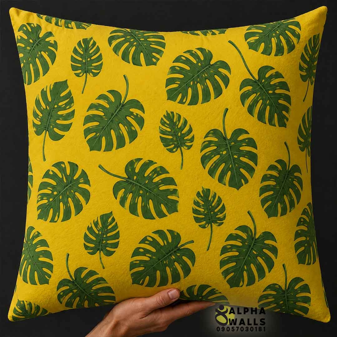  روکش کوسن مخمل طرح برگ انجیری سبز و زرد مدل Tropical Monstera 