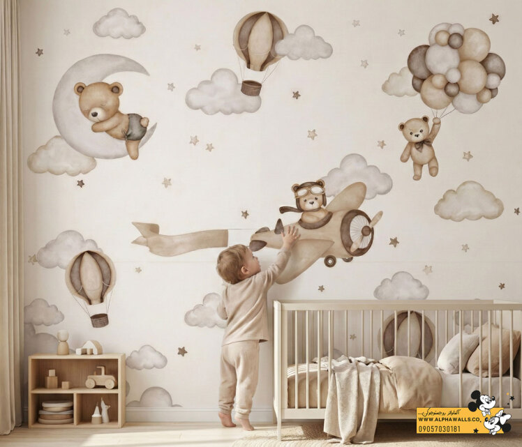 پوستر دیواری کودک طرح خرس‌های رؤیایی در آسمان