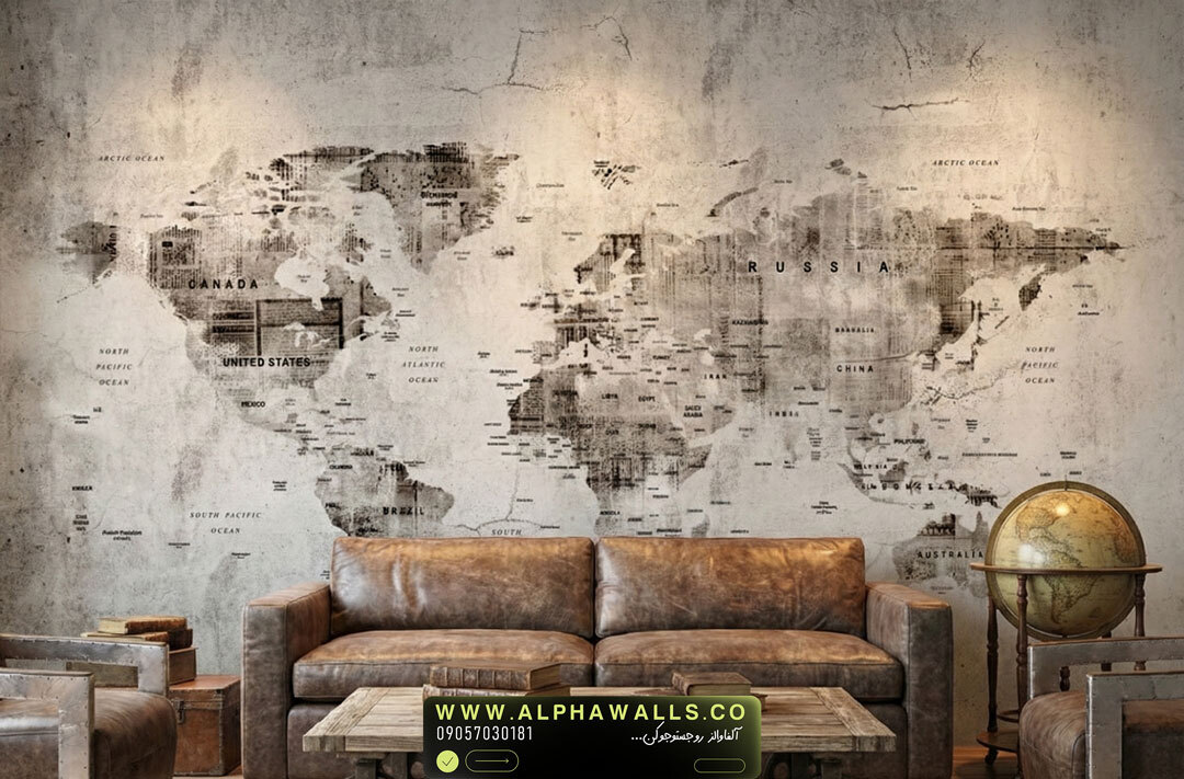  پوستر دیواری نقشه جهان کهنه‌نما طوسی – Vintage Distressed World Map 