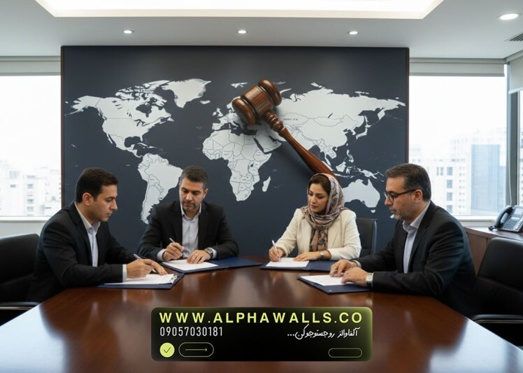 پوستر دیواری حقوقی طرح نقشه جهان و چکش عدالت