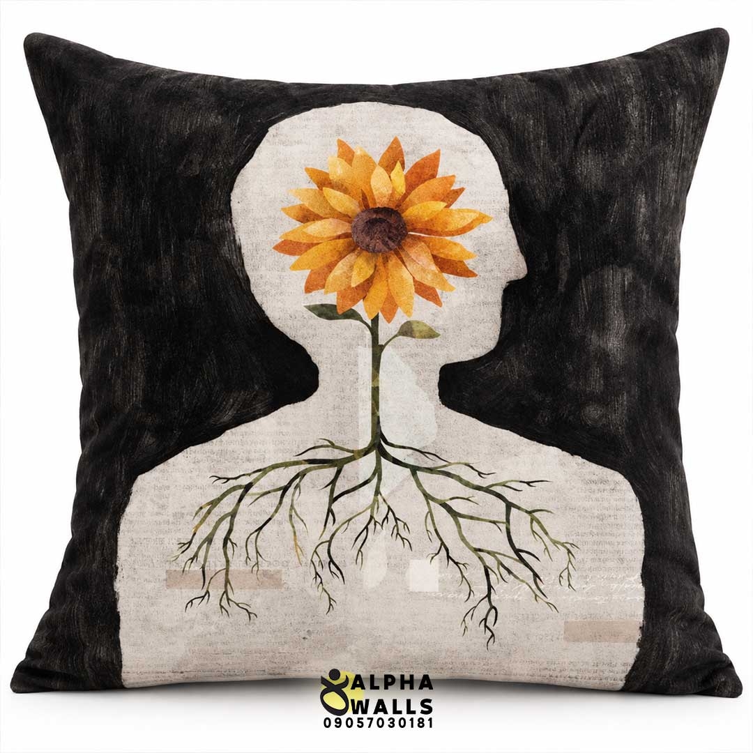  روکش کوسن مخمل طرح انسان و گل آفتابگردان | Sunflower Mind 