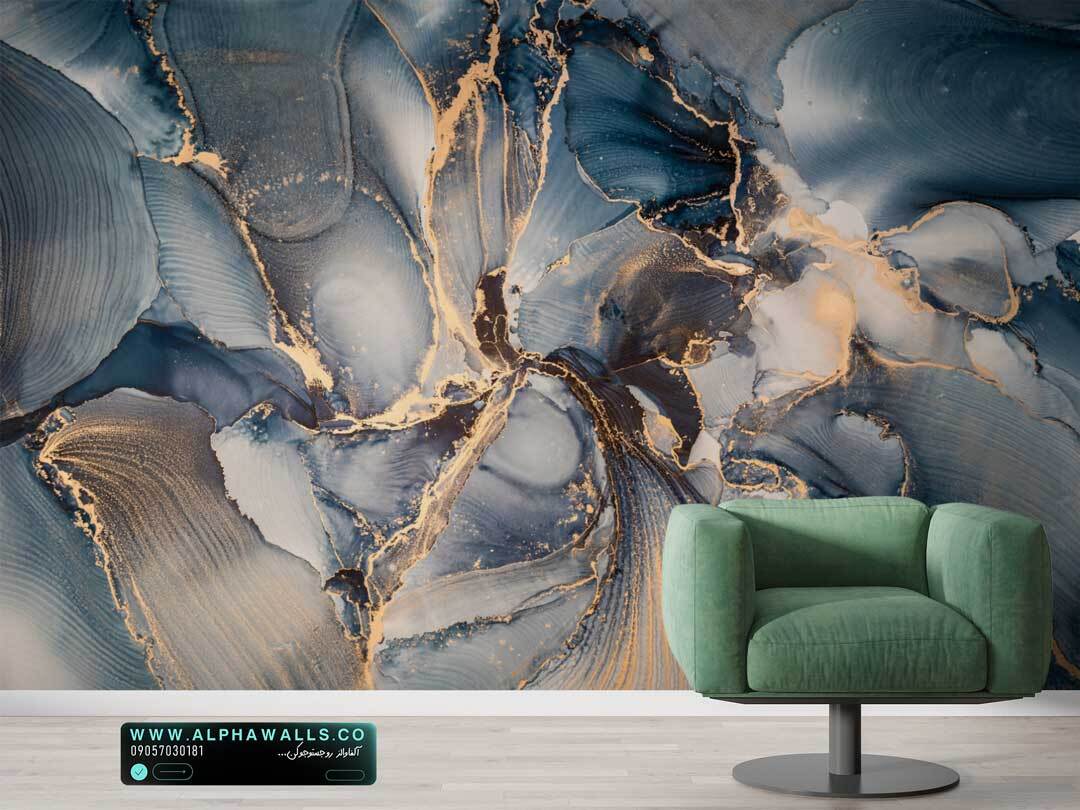  پوستر دیواری طرح سنگ آبی هنری با رگه‌های طلایی 
