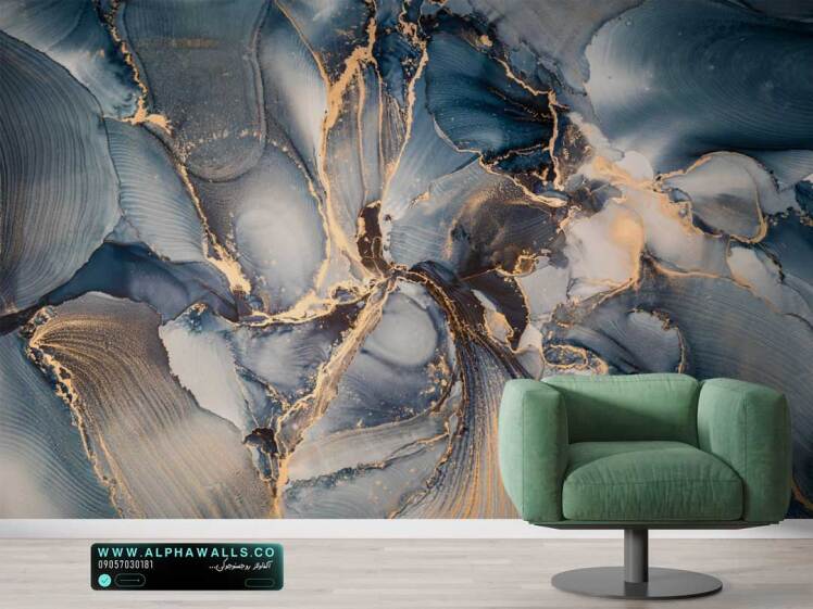 پوستر دیواری طرح سنگ آبی هنری با رگه‌های طلایی