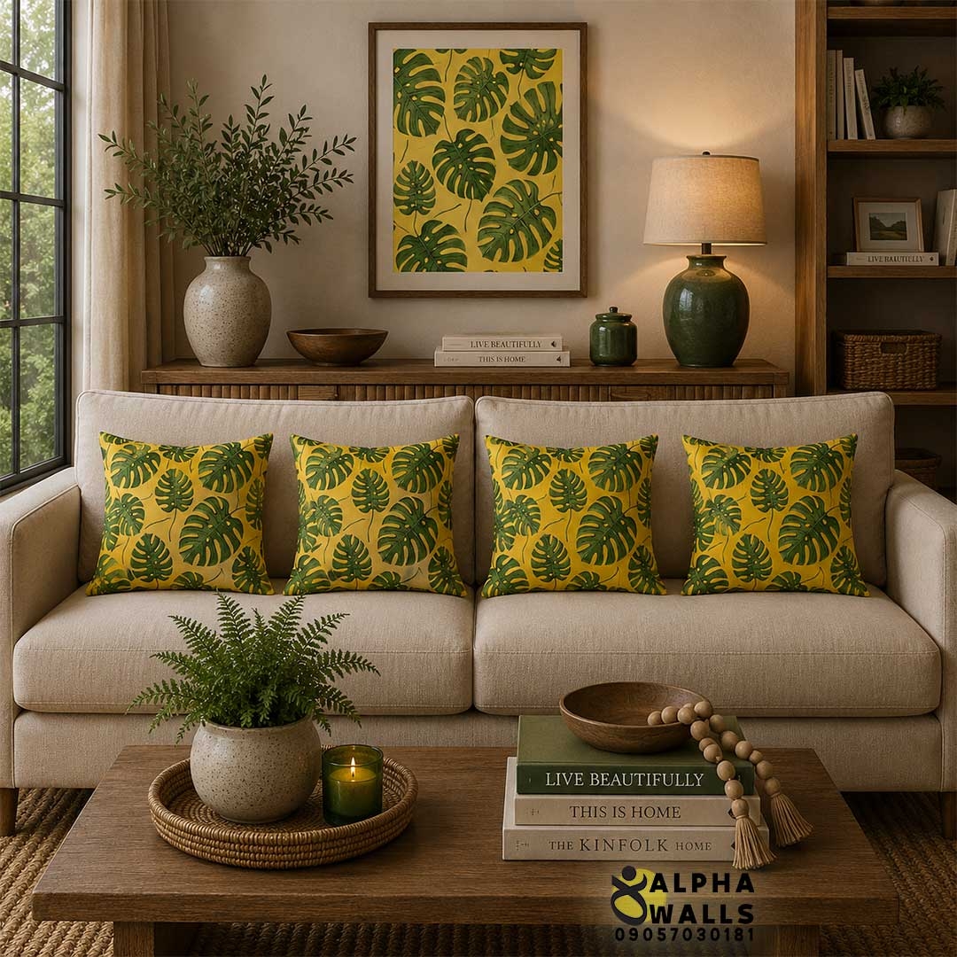  روکش کوسن مخمل طرح برگ انجیری سبز و زرد مدل Tropical Monstera 