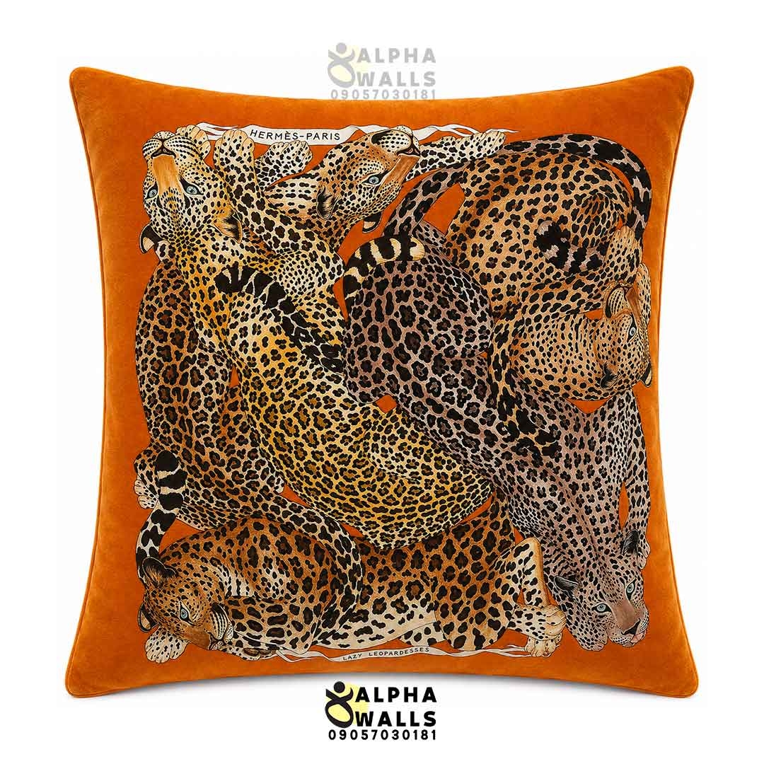  کاور کوسن مخمل طرح پلنگ Leopard Jungle | روکش کوسن نارنجی حیوانات لوکس 
