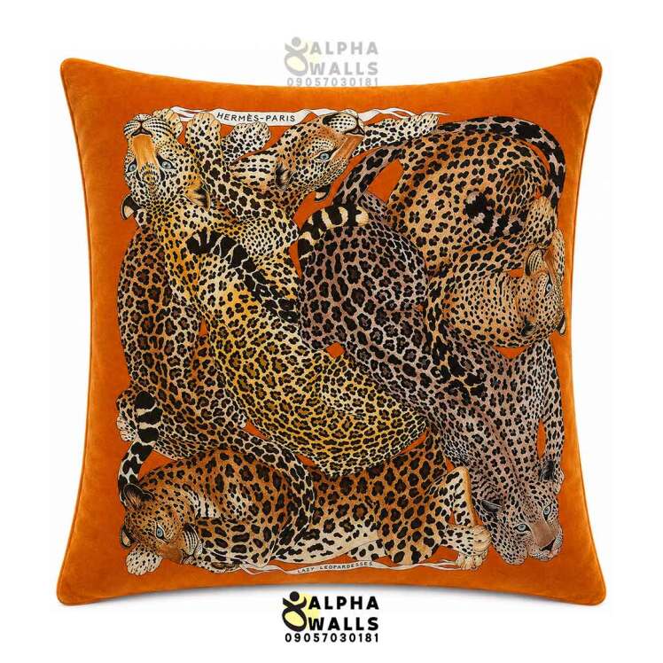 کاور کوسن مخمل طرح پلنگ Leopard Jungle | روکش کوسن نارنجی حیوانات لوکس