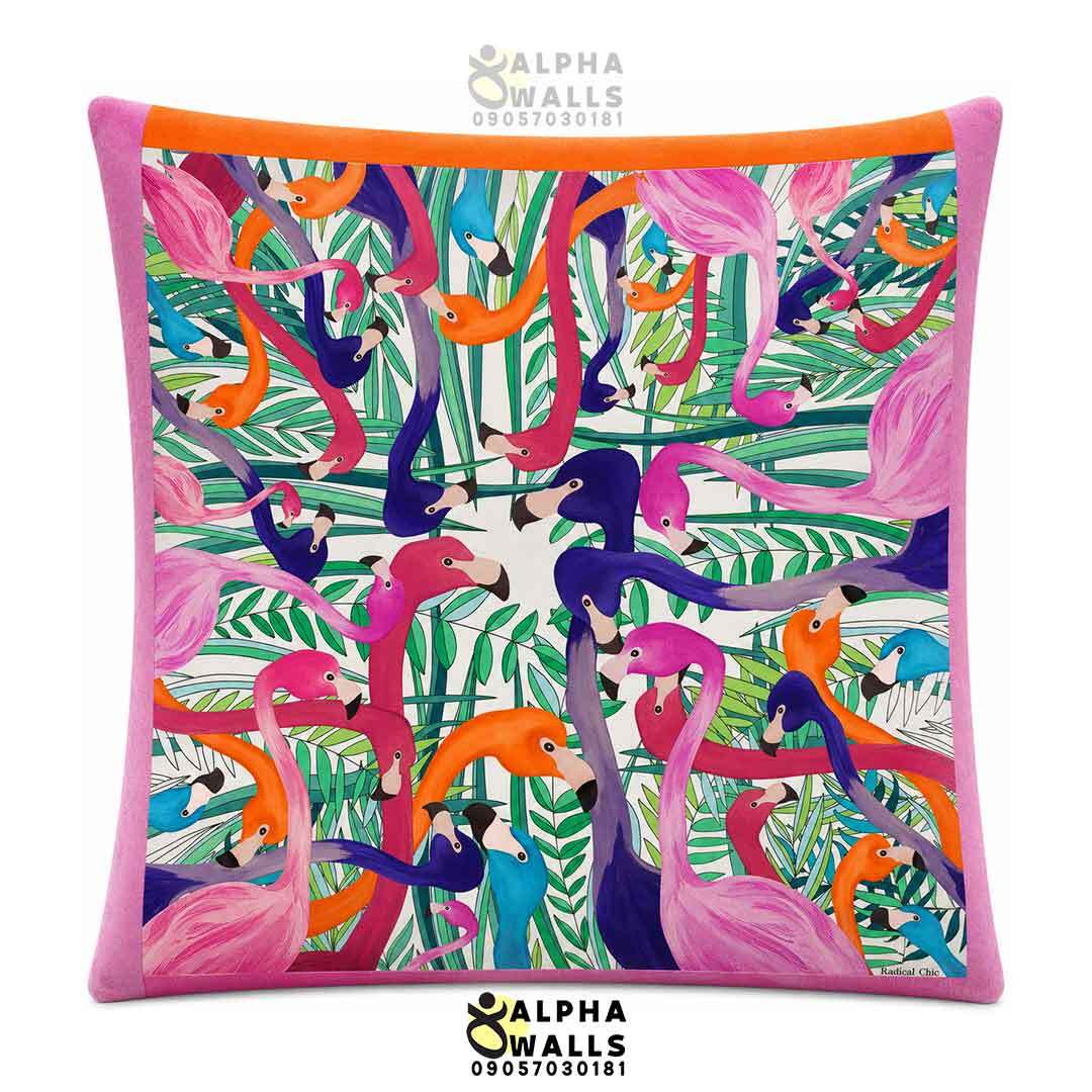  روکش کوسن مخمل طرح فلامینگو و برگ استوایی رنگی مدل Flamingo Paradise 