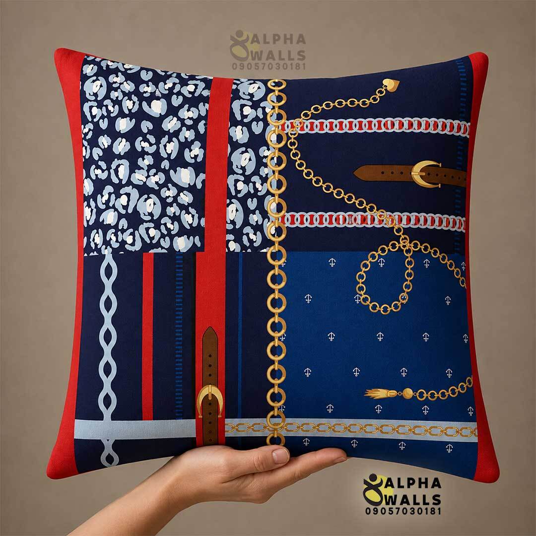 کاور کوسن مخمل طرح زنجیر و پلنگی Navy Chain | روکش کوسن سرمهای لوکس