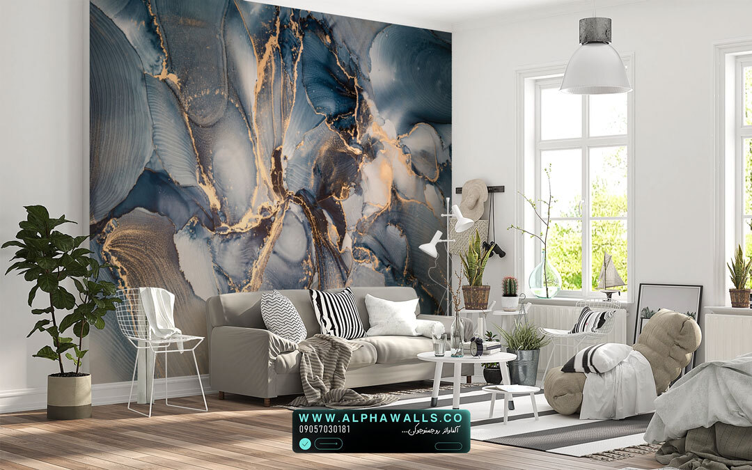  پوستر دیواری طرح سنگ آبی هنری با رگه‌های طلایی 