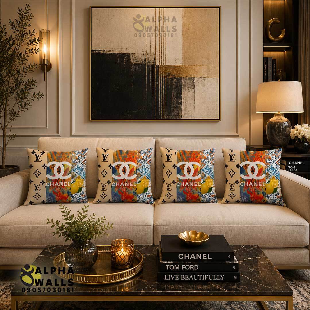 روکش کوسن مخمل طرح برندهای لوکس و لیمو رنگارنگ مدل Luxury Mix