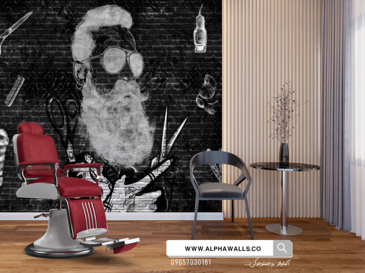 پوستر دیواری آرایشگاه مردانه طرح چهره ریش‌دار با سبک صنعتی و پس‌زمینه آجری تیره