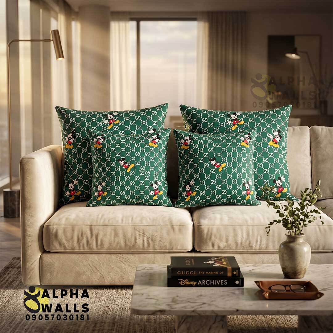 روکش کوسن مخمل طرح میکی موس و مونوگرام سبز مدل Mickey Green