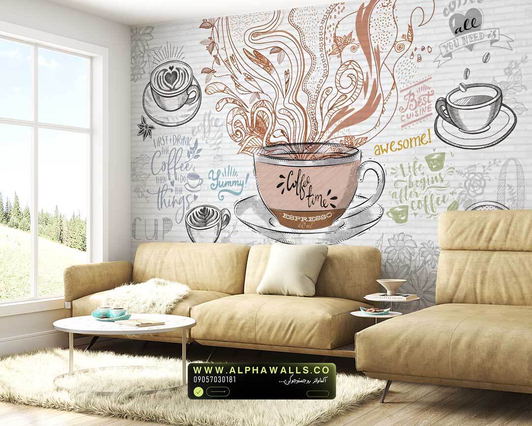 پوستر دیواری فنجان قهوه هنری | طرح اسکچ قهوه با پس‌زمینه آجری روشن 