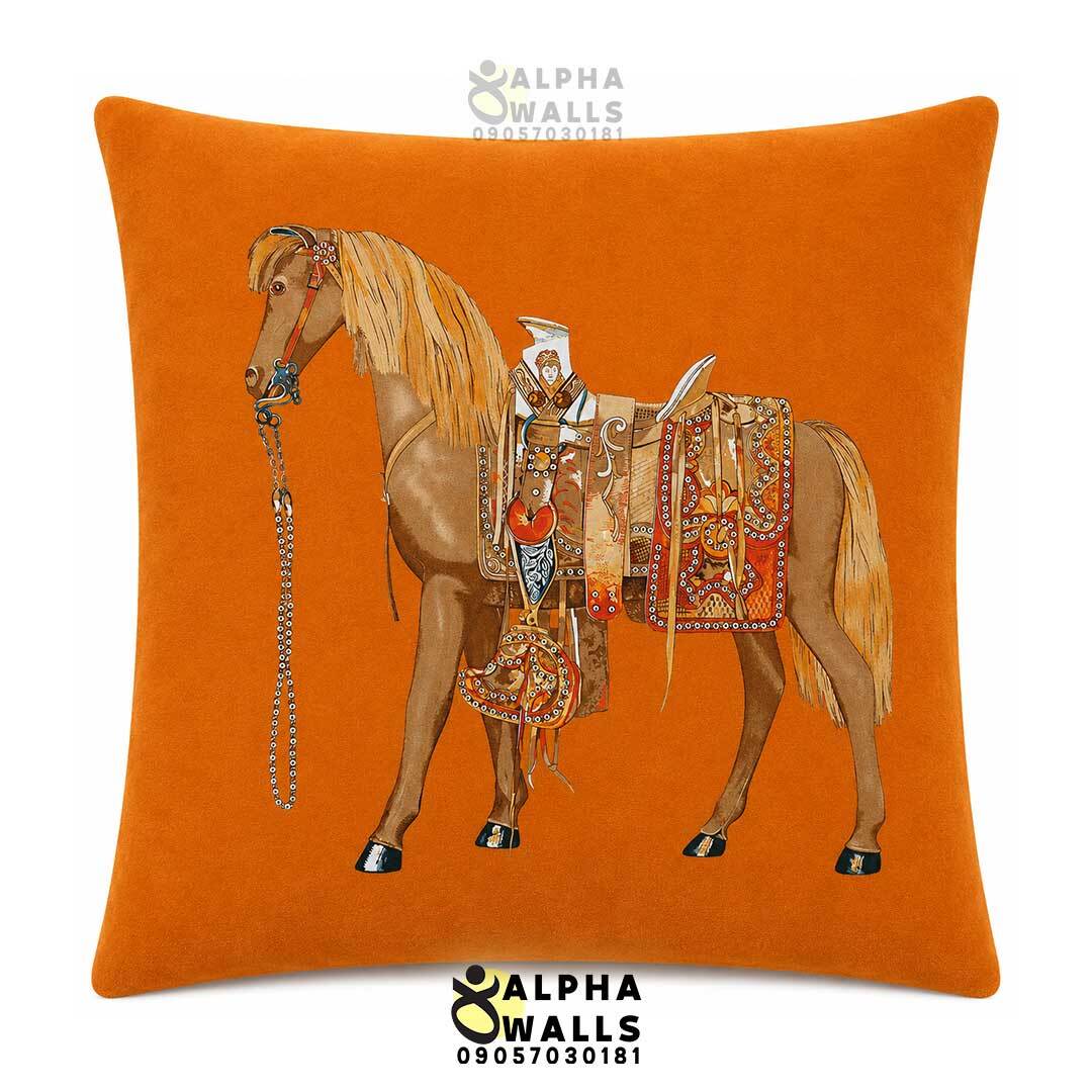  روکش کوسن مخمل نارنجی طرح اسب سلطنتی مدل Royal Horse Orange 