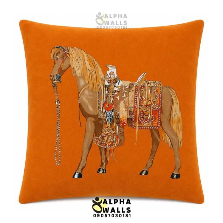 روکش کوسن مخمل نارنجی طرح اسب سلطنتی مدل Royal Horse Orange