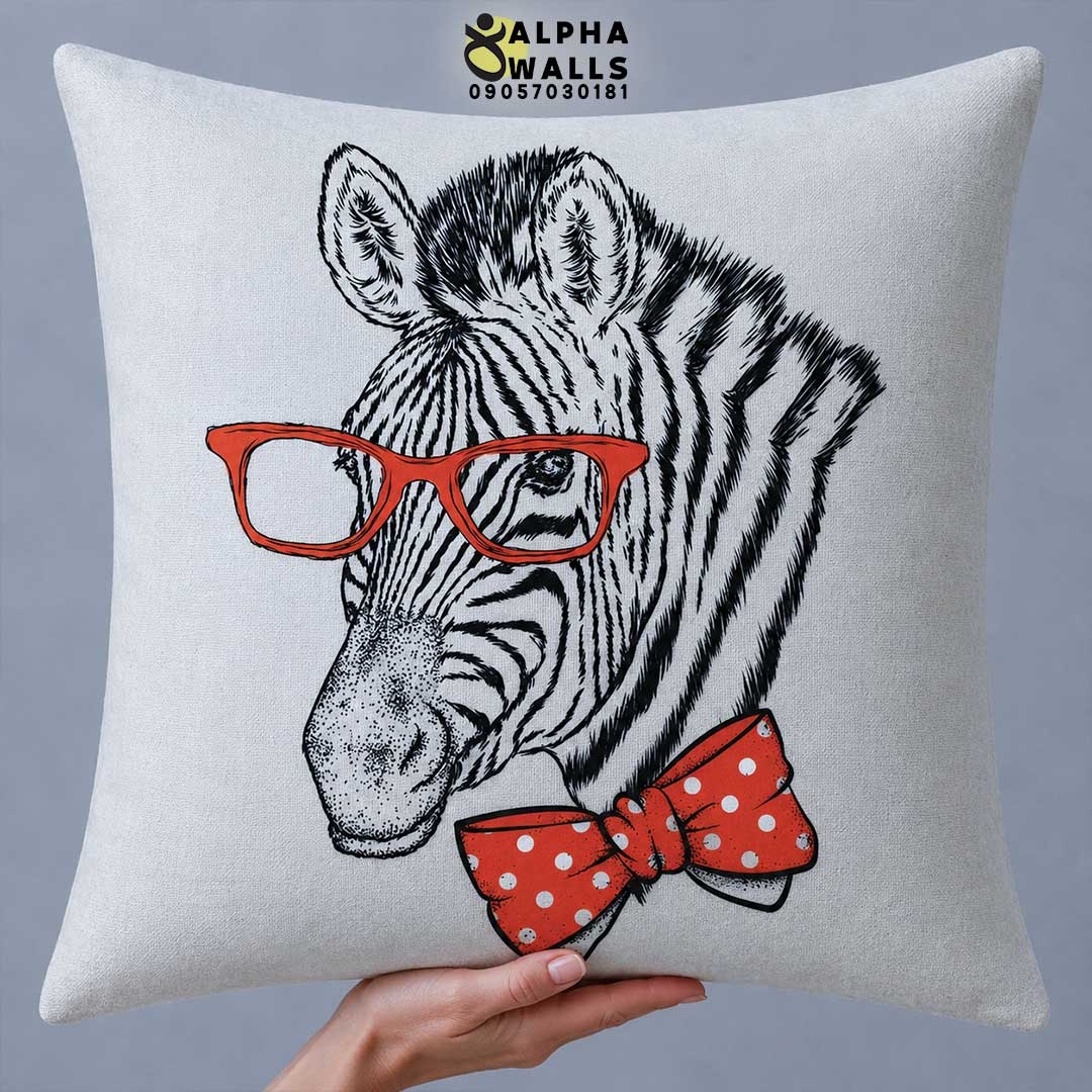 روکش کوسن مخمل طرح گورخر عینکی با پاپیون نارنجی مدل Hipster Zebra