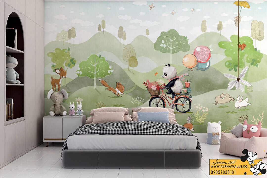  پوستر دیواری کودکانه طرح پاندا دوچرخه‌سوار در جنگل 