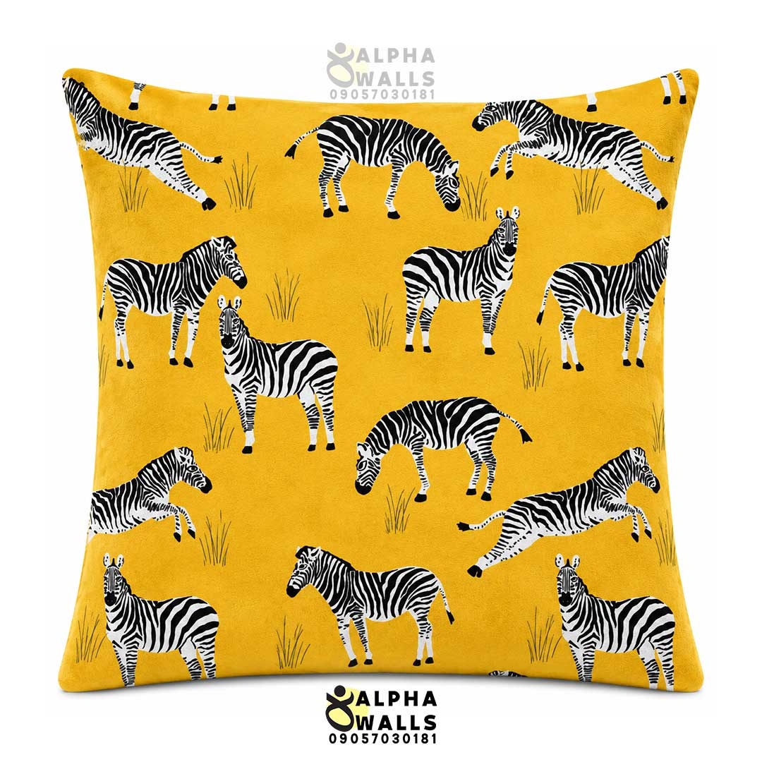  کاور کوسن مخمل زرد طرح گورخر Zebra Safari Yellow | روکش کوسن مبل طرح حیوانات آفریقایی 
