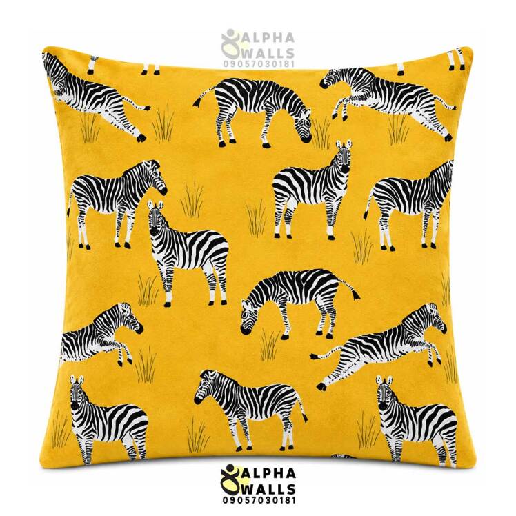 کاور کوسن مخمل زرد طرح گورخر Zebra Safari Yellow | روکش کوسن مبل طرح حیوانات آفریقایی