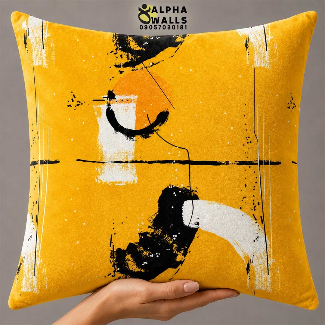 روکش کوسن مخمل طرح آبستره خردلی مشکی مدل Mustard Motion