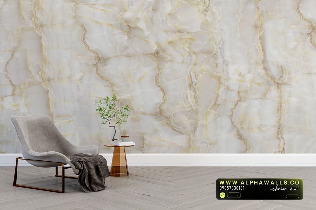  پوستر دیواری طرح سنگ اونیکس سفید روشن با رگه‌های طلایی ظریف 