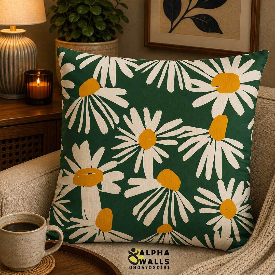  روکش کوسن مخمل طرح گل بابونه سفید و سبز مدل Daisy Garden 