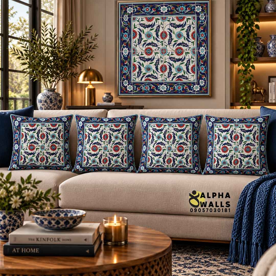 روکش کوسن مخمل طرح کاشی گلدار ایرانی | Persian Floral Tile