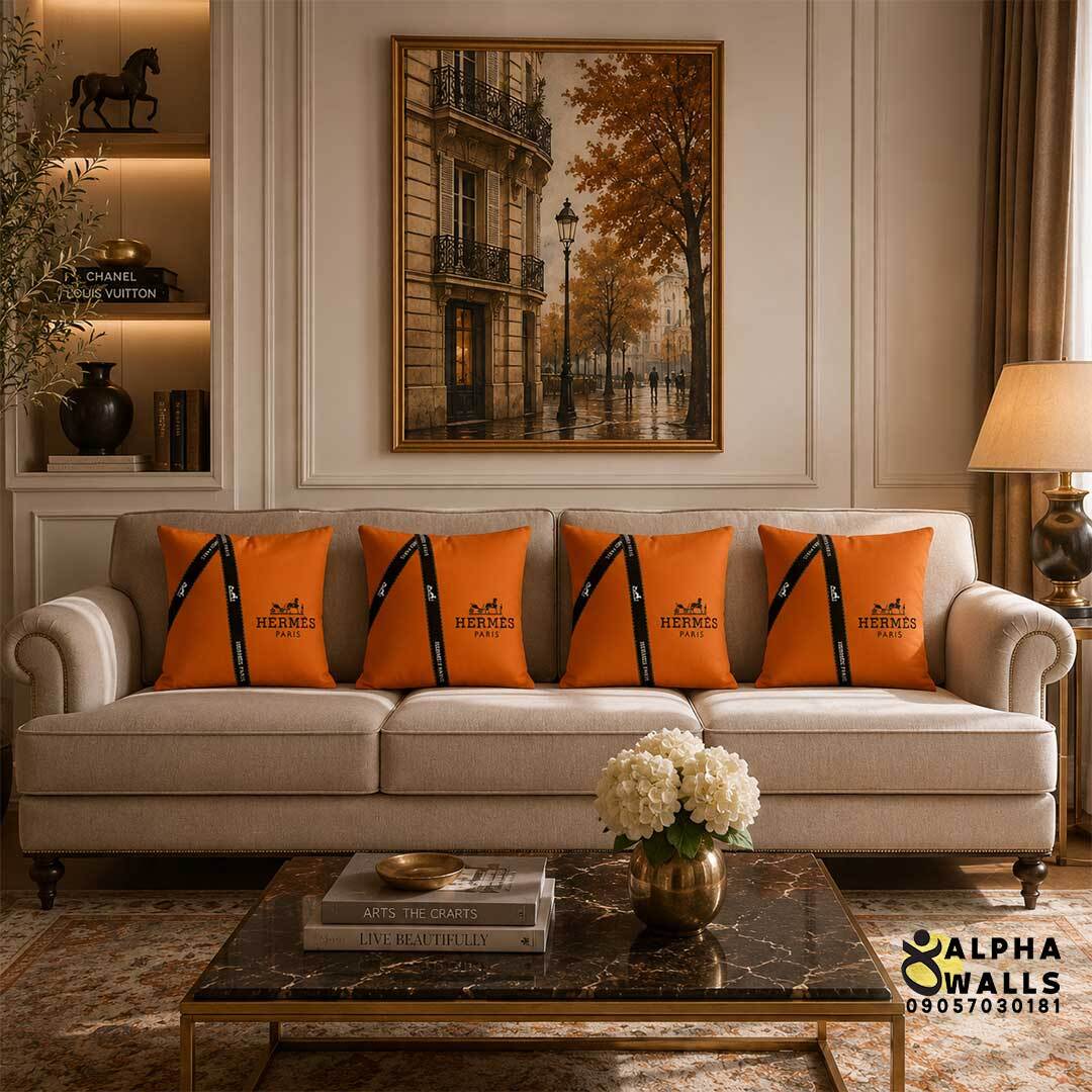 روکش کوسن مخمل نارنجی طرح مینیمال هرمس مدل Hermes Ribbon Orange