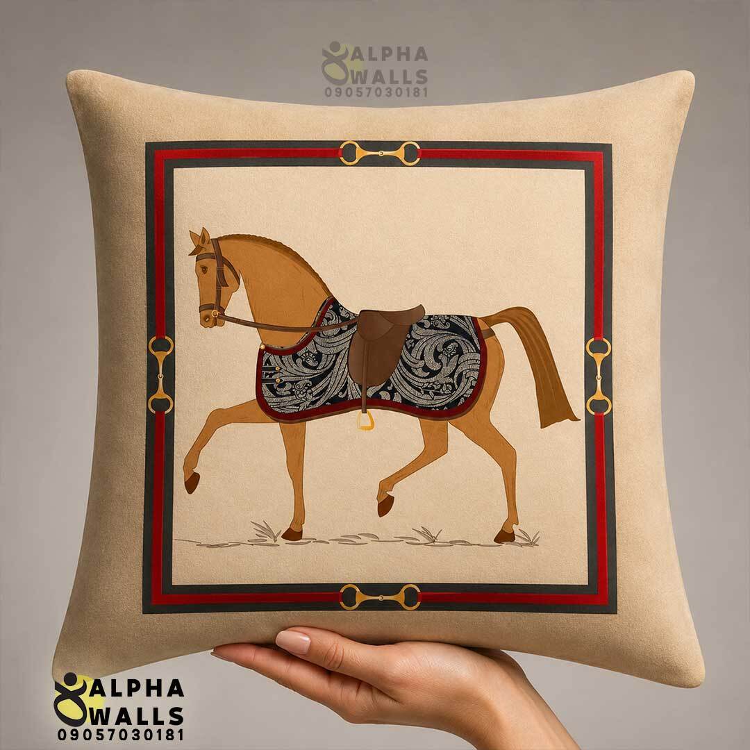 روکش کوسن مخمل کرم طرح اسب کلاسیک مدل Elegant Horse Beige