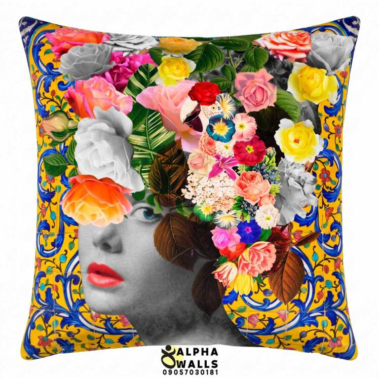 روکش کوسن مخمل طرح پرتره رنگارنگ گل و کاشی‌کاری | Vibrant Floral Portrait 