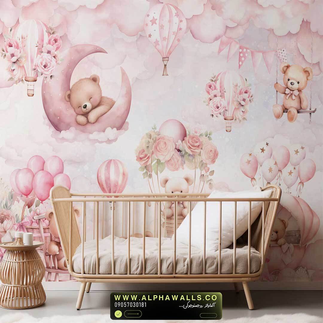 پوستر دیواری کودک طرح خرسهای صورتی در آسمان رویایی