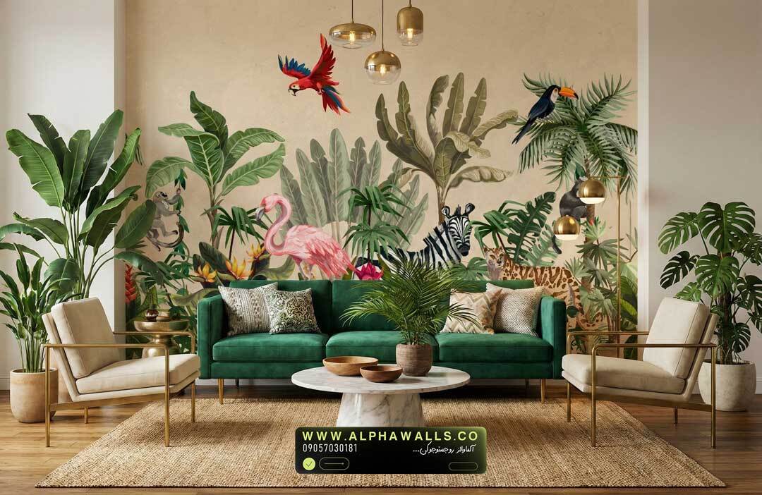  پوستر دیواری طرح جنگل استوایی کرم با حیوانات هنری 