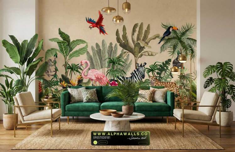 پوستر دیواری طرح جنگل استوایی کرم با حیوانات هنری