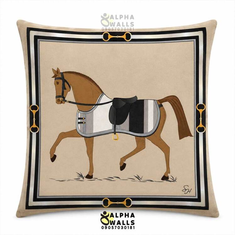 کاور کوسن مخمل طرح اسب کلاسیک Classic Equestrian | روکش کوسن کرم مشکی لوکس