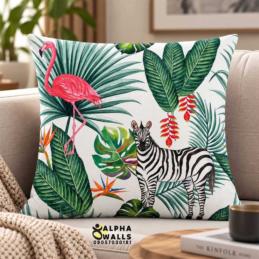  روکش کوسن مخمل طرح گورخر و فلامینگو | Zebra & Flamingo 