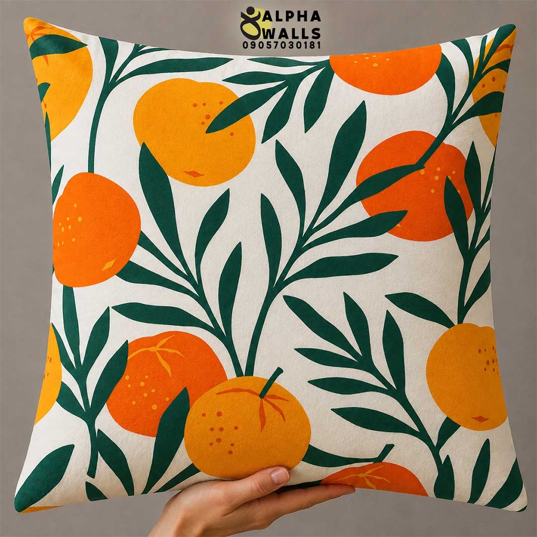 روکش کوسن مخمل طرح پرتقال و برگ سبز مدل Citrus Garden