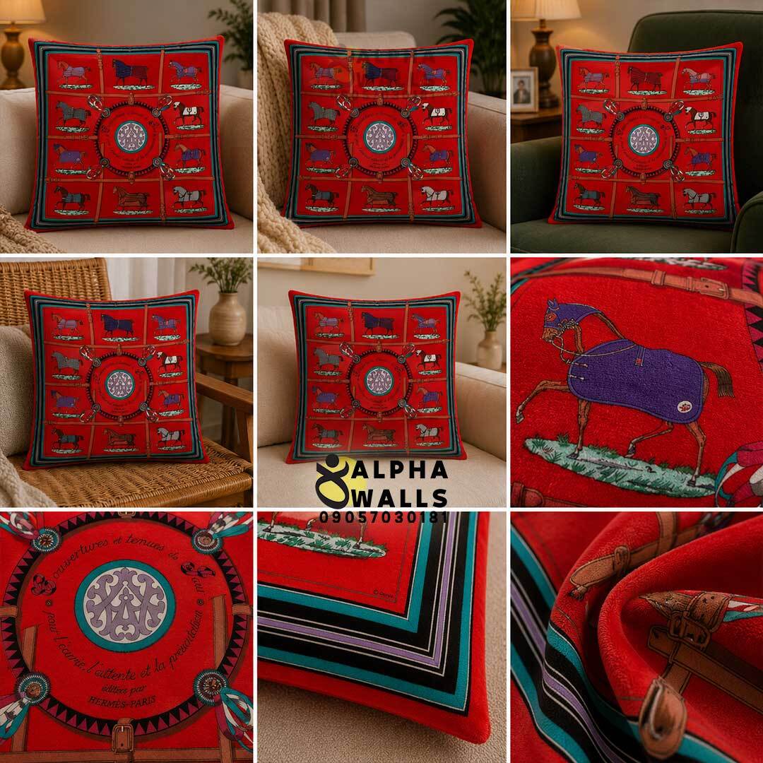 روکش کوسن مخمل قرمز طرح اسبهای هرمس مدل Hermes Equestrian Red