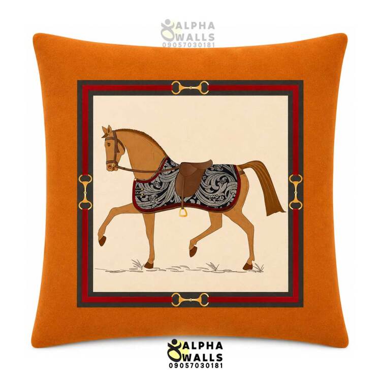 روکش کوسن مخمل نارنجی طرح اسب کلاسیک مدل Classic Horse Orange