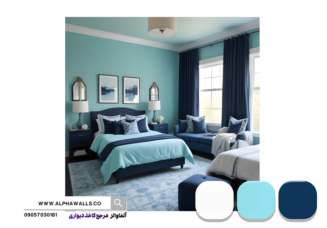 اتاق خواب رنگ سرمه ای ، سفید و آبی روشن