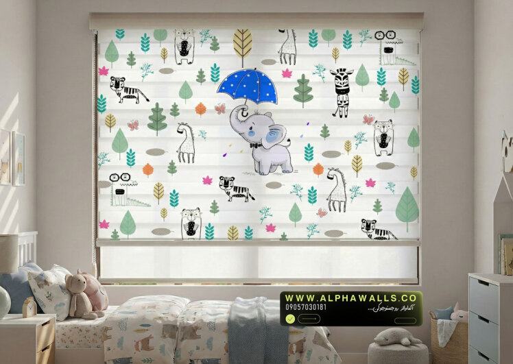 پرده زبرا اتاق کودک طرح جنگل کارتونی با فیل دوست‌داشتنی