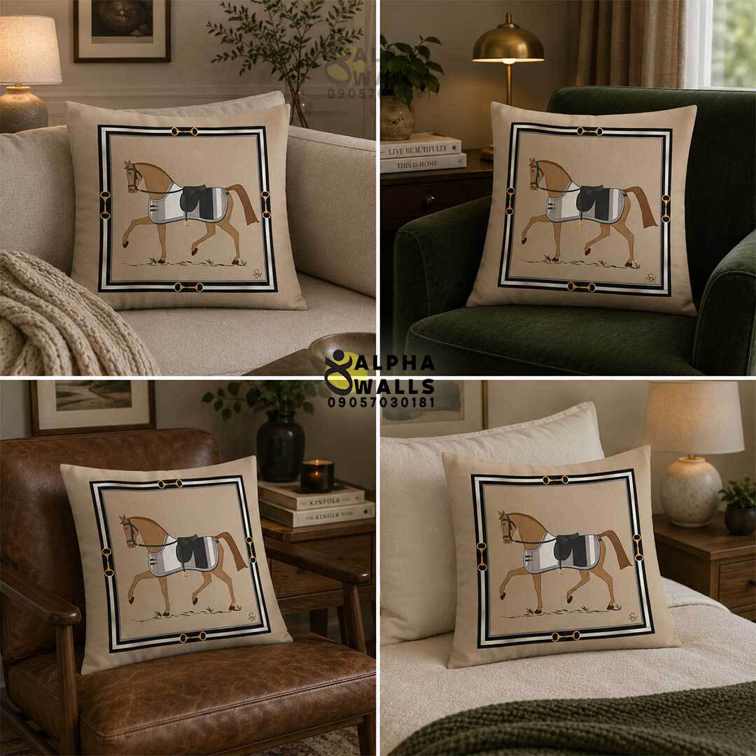  کاور کوسن مخمل طرح اسب کلاسیک Classic Equestrian | روکش کوسن کرم مشکی لوکس 