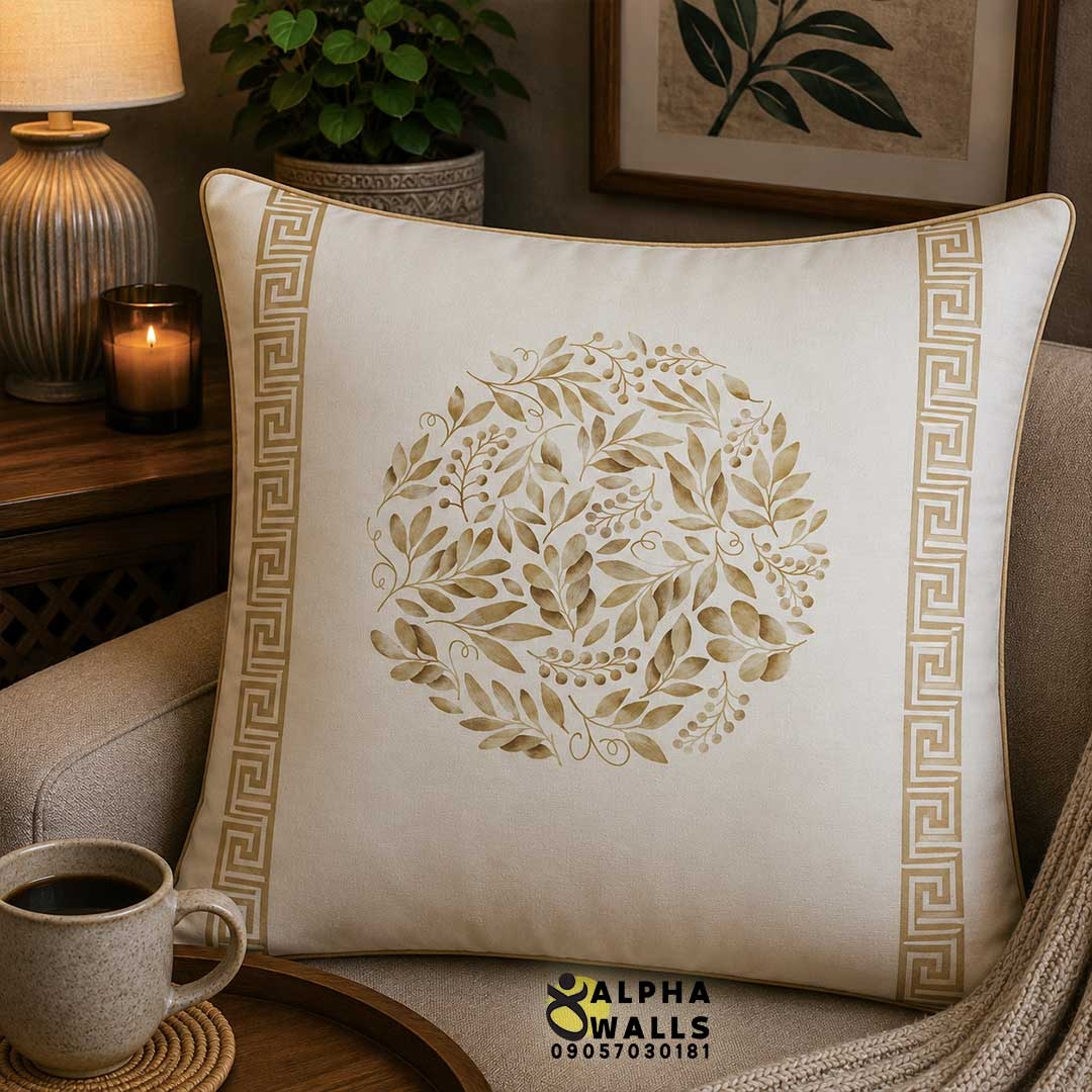 روکش کوسن مخمل طرح برگ کلاسیک کرم مدل Ivory Laurel