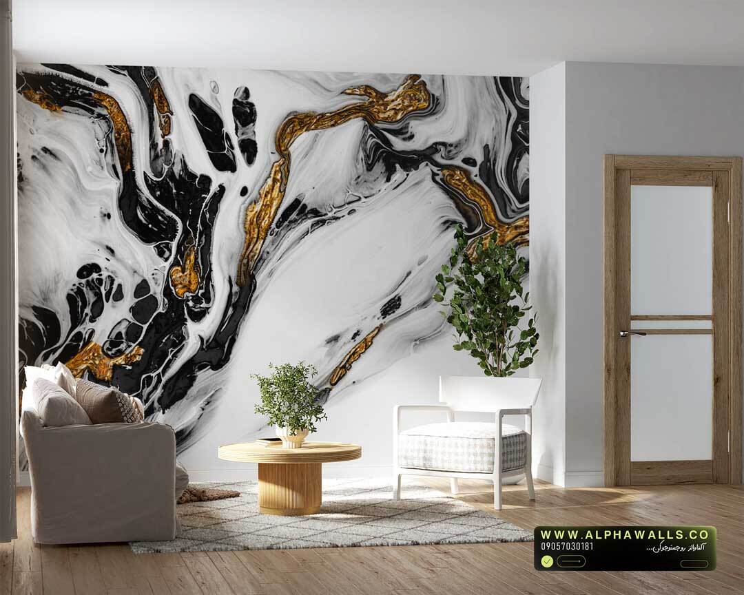  پوستر دیواری طرح سنگ اونیکس مشکی-سفید با رگه‌های طلایی عمیق 
