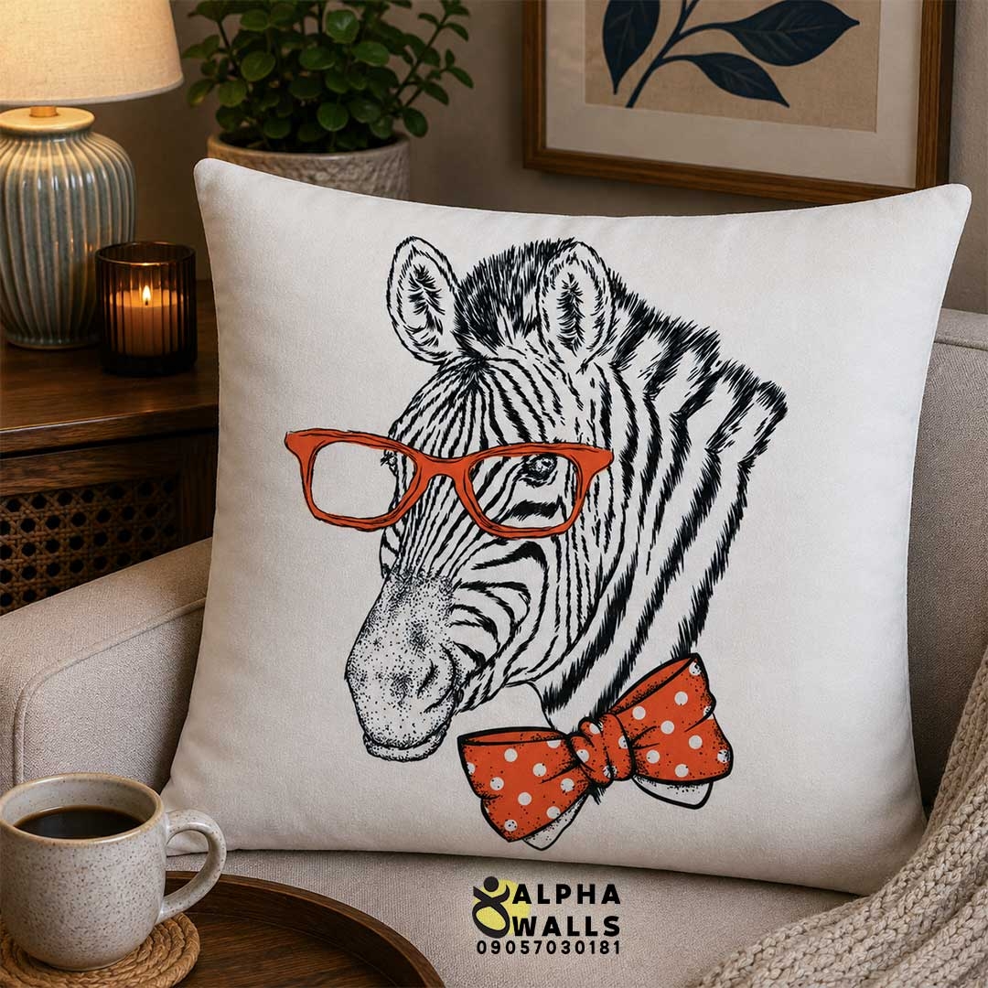 روکش کوسن مخمل طرح گورخر عینکی با پاپیون نارنجی مدل Hipster Zebra